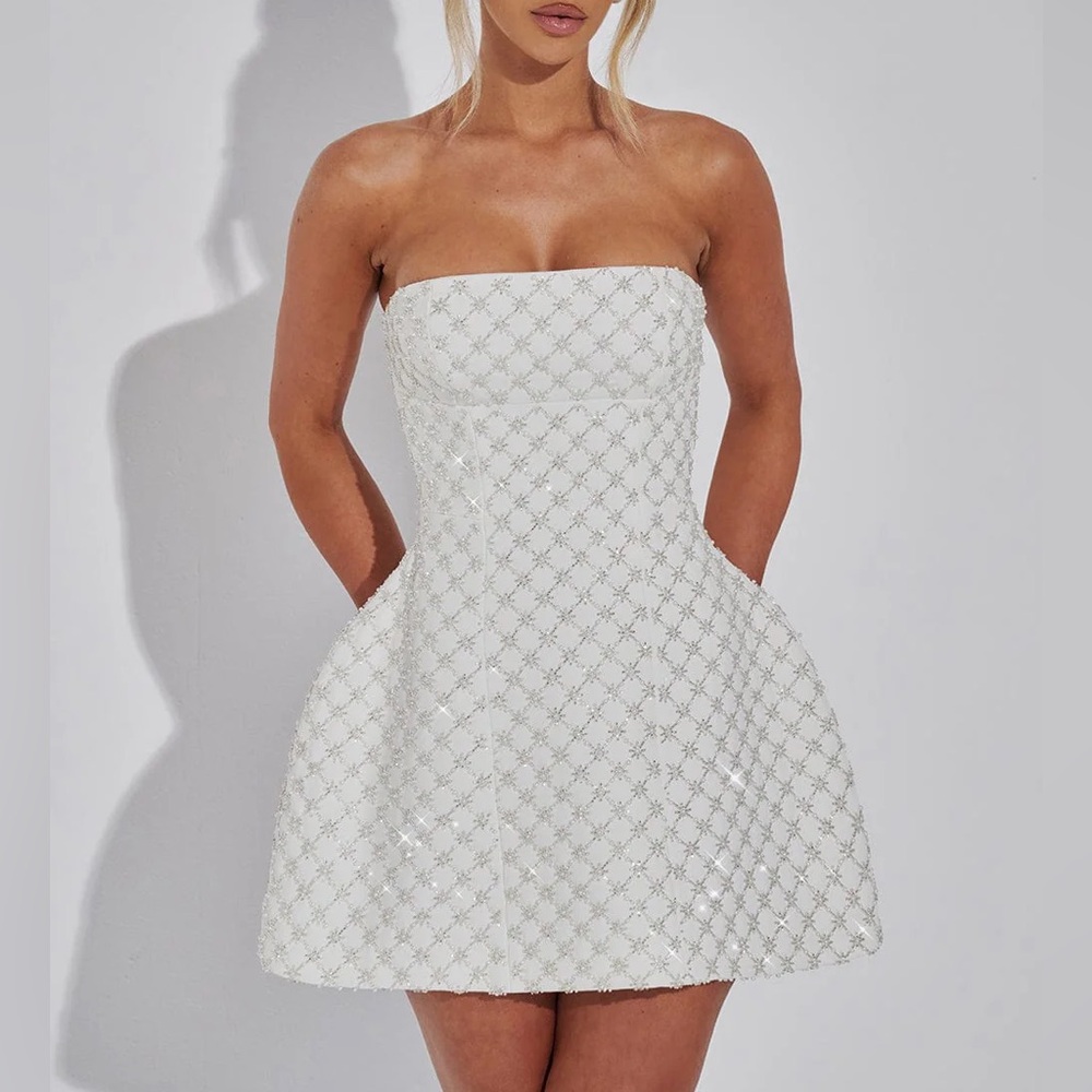 NWT Babyboo Fashion - Beatrice Mini Dress ivory white color rhinestone beaded - Picture 2 of 7